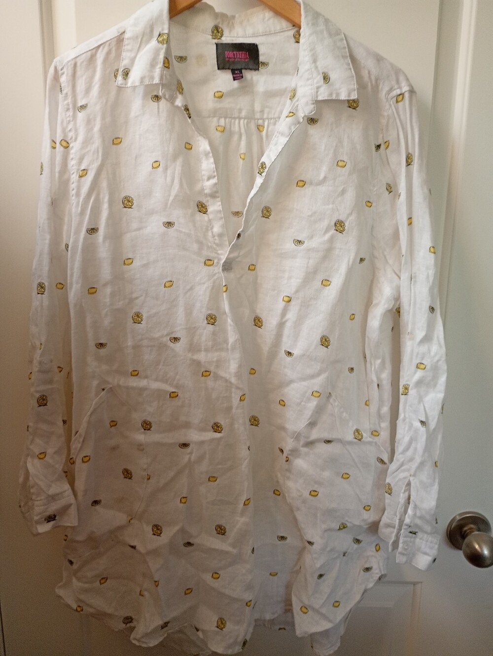 For Cynthia Beachwear | Linen White + Yellow Lemons Pullover Tunic Shirt 🍋 | XL
